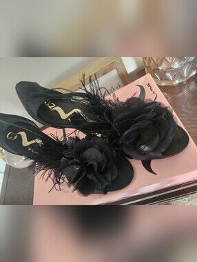 Nina Black Satin Heels W/Flower And Feather Detail